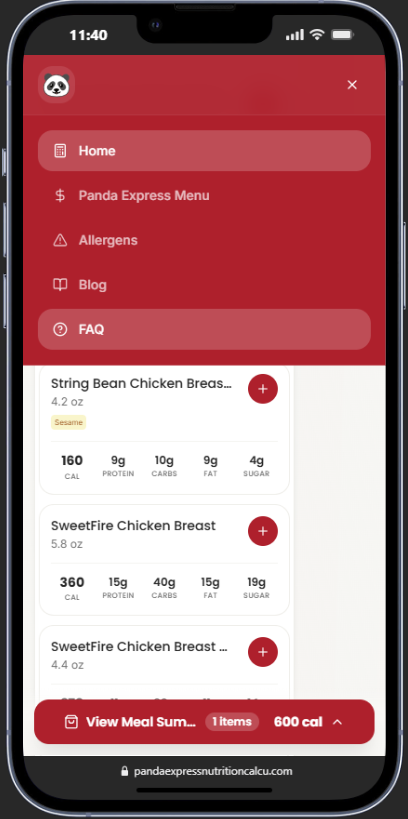 Panda Express Nutrition Calculator showing detailed nutrition facts, calories, protein, carbs, and fat information for menu items — complete nutrition tracking tool